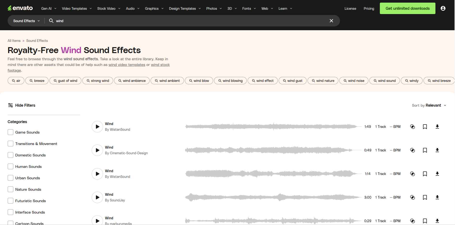 Interface of Evato - the most liked site to get wind sound effects
