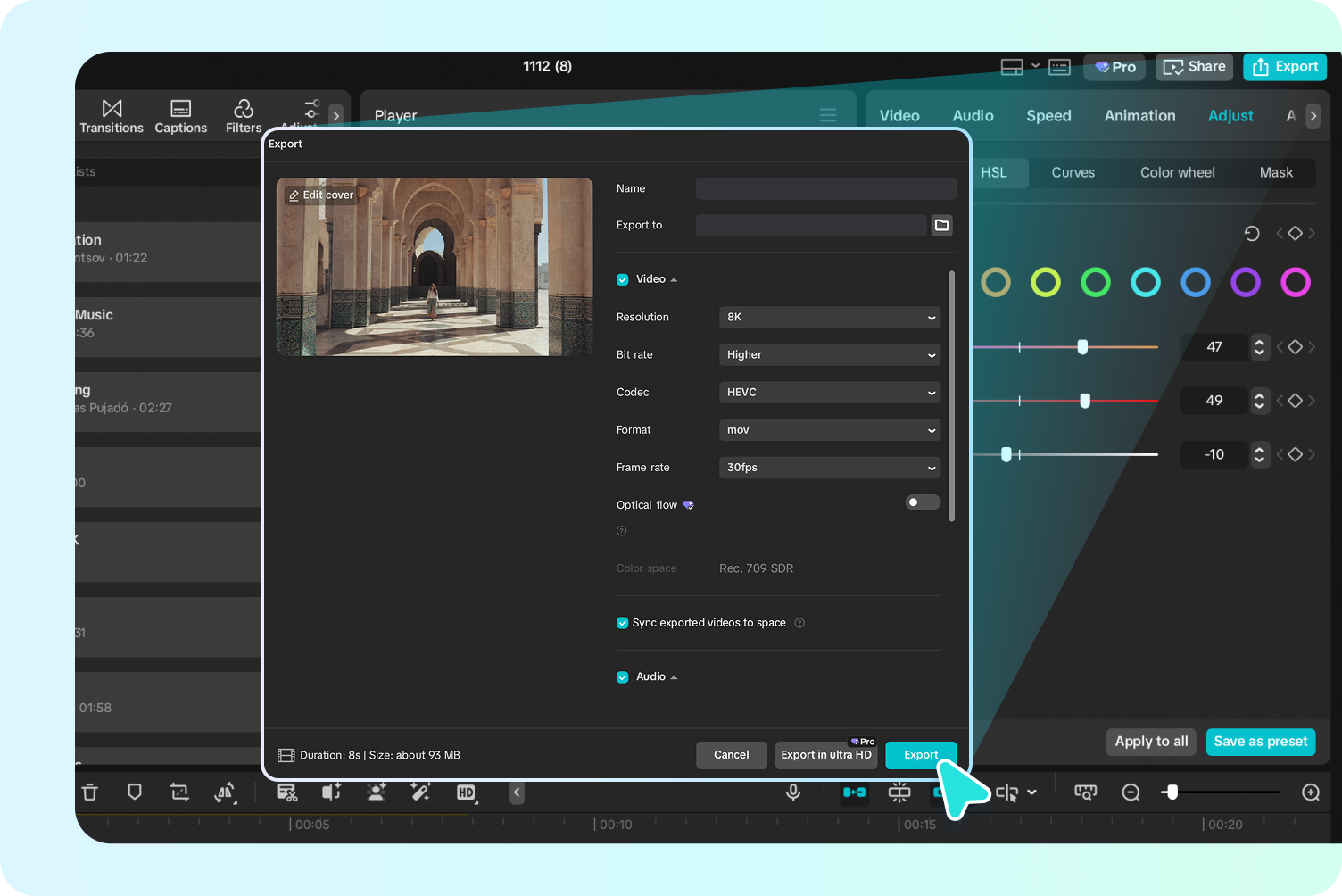 Exporting the color-graded video from the CapCut desktop video editor