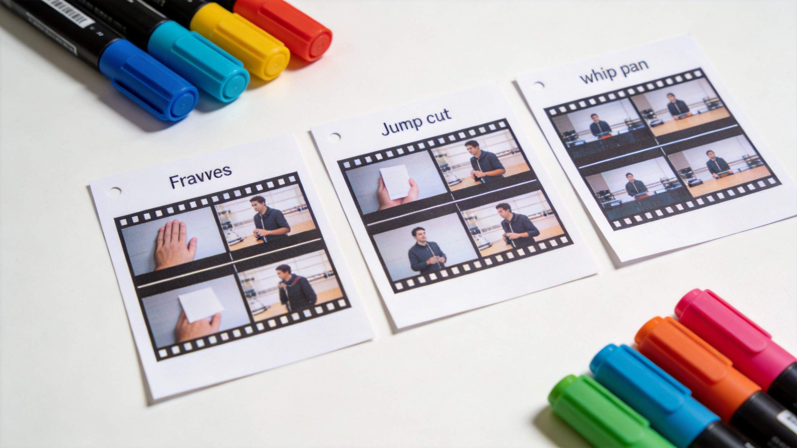 Printed transition examples labeled Frayves, Jump Cut, and Whip Pan with colorful markers nearby