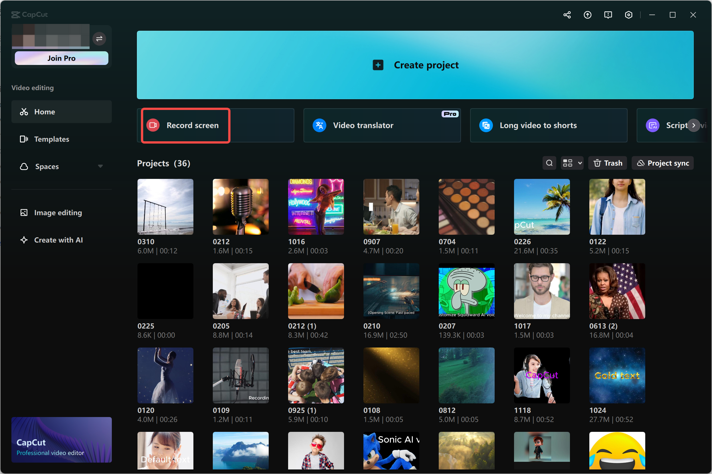 Showing home screen of CapCut desktop video editor with "Record screen" tool marked