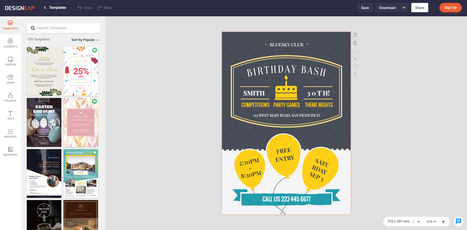 Интерфейс DesignCap - еще один ресурс для шаблонов флаеров на день рождения