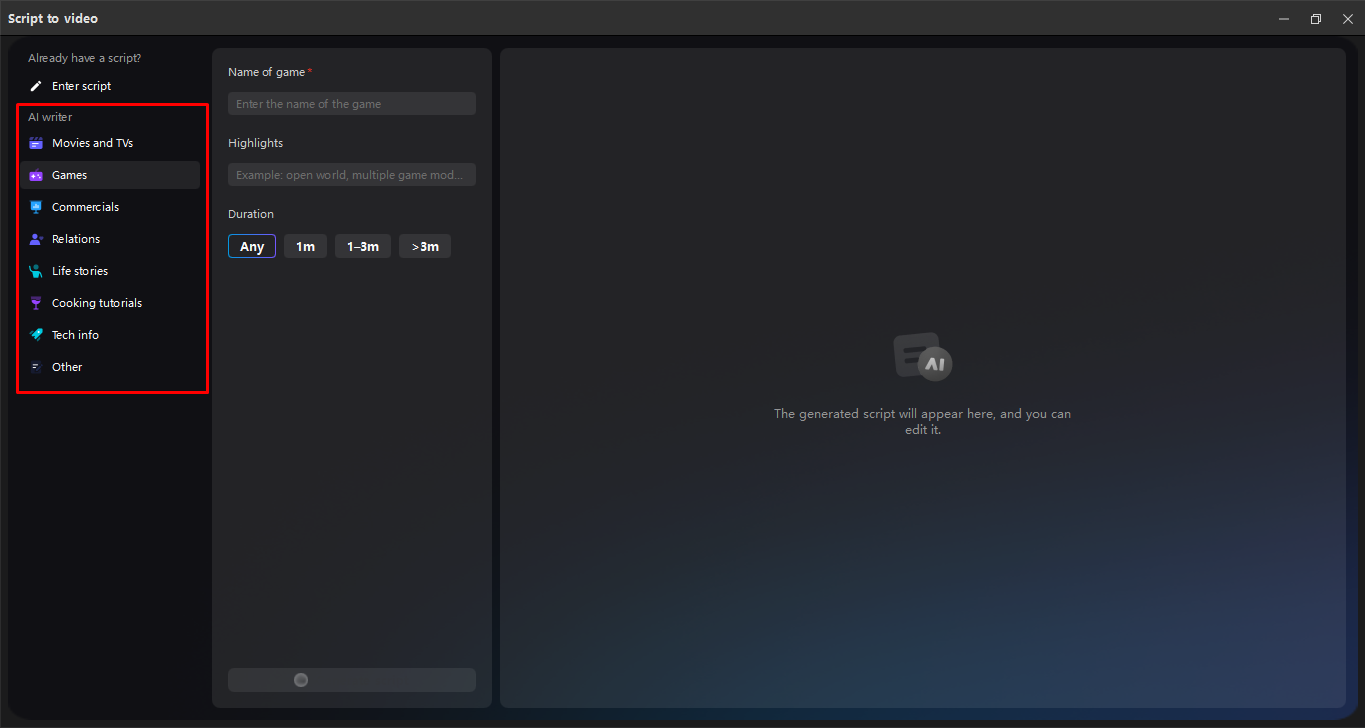 Escolha do tipo de criação no editor de vídeo para desktop CapCut