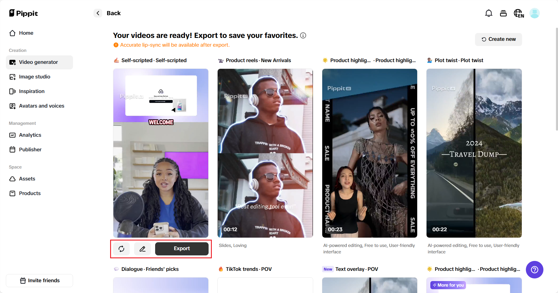 Exporting the generated video from Pippit