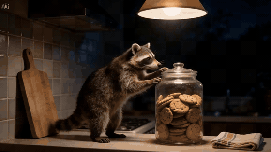 Raccoon reaching for a jar of cookies on a kitchen counter under a hanging light