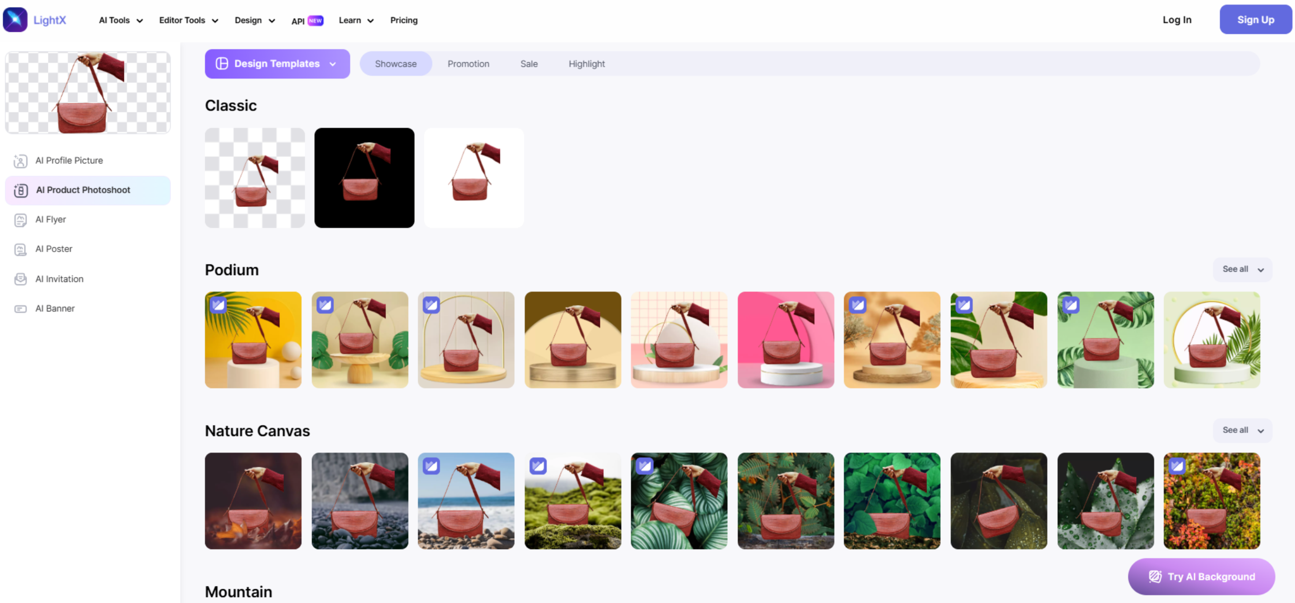 Oberfläche von LightX – ein effizienter KI-Produktfoto-Ersteller.