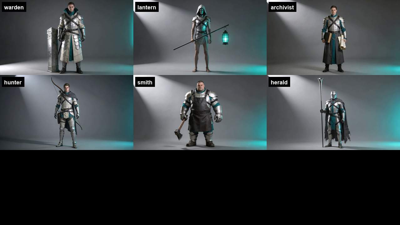 Six full-body fantasy characters on plain gray backgrounds in a two-by-three grid: a warden with a tall slab, a hooded lantern-bearer, an archivist with a book and charts, a hunter with a bow, a heavy smith with a hammer, and a caped herald with a horn, all in pale platinum armor with charcoal straps and teal accents.