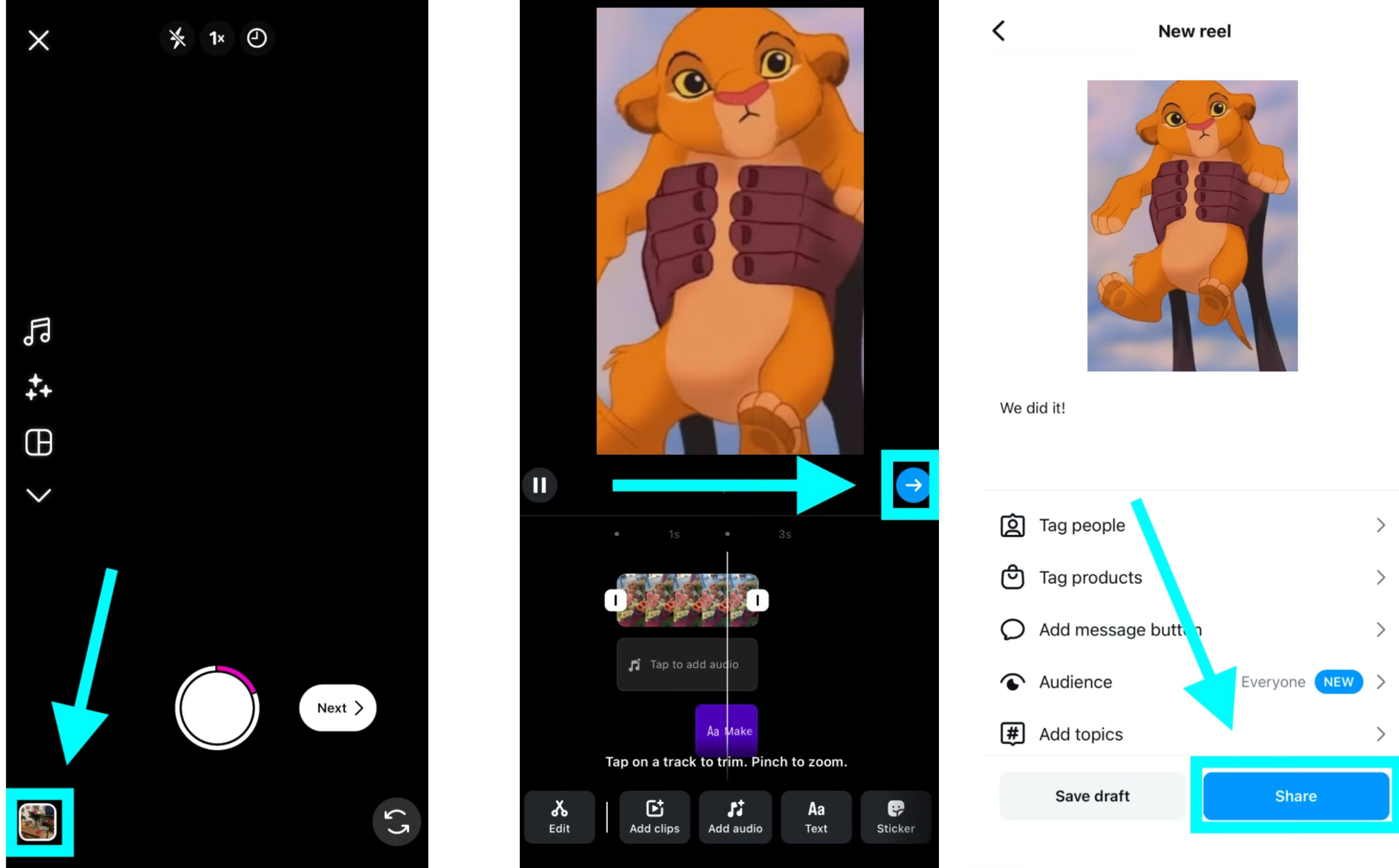 Showing how to make a reel with video clips on Instagram