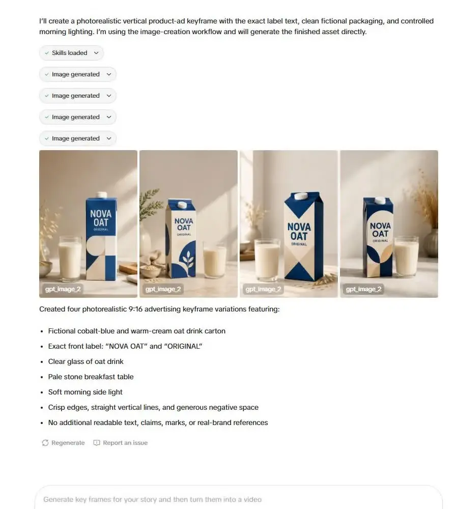 Čtyři variace reklam s kartony ovesného nápoje vedle sklenic na světlém stolním povrchu.