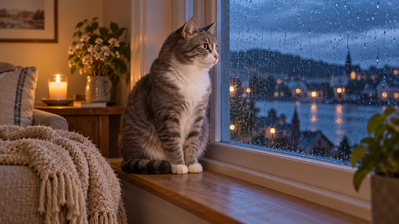 Gray-and-white tabby with a white chest and four white paws sitting on a wooden windowsill, folded beige blanket, blue rainy window and a distant safe candle, intimate low-contrast warm light.