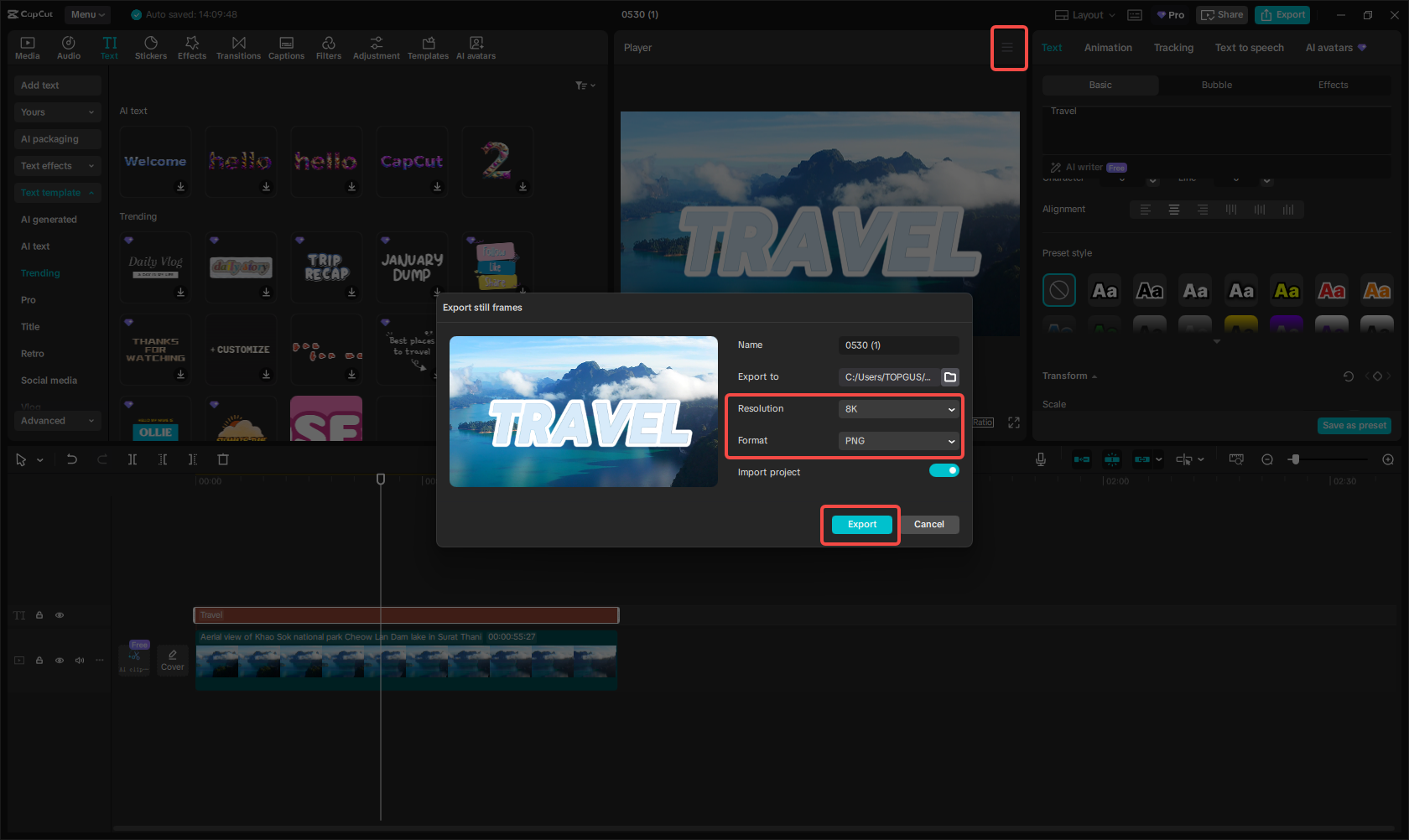 Exporting the image in CapCut