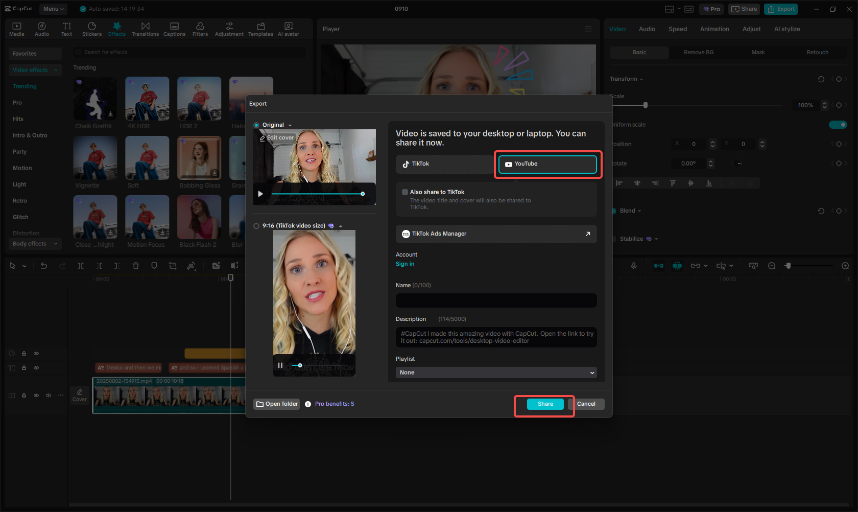 Export and share a video on YouTube