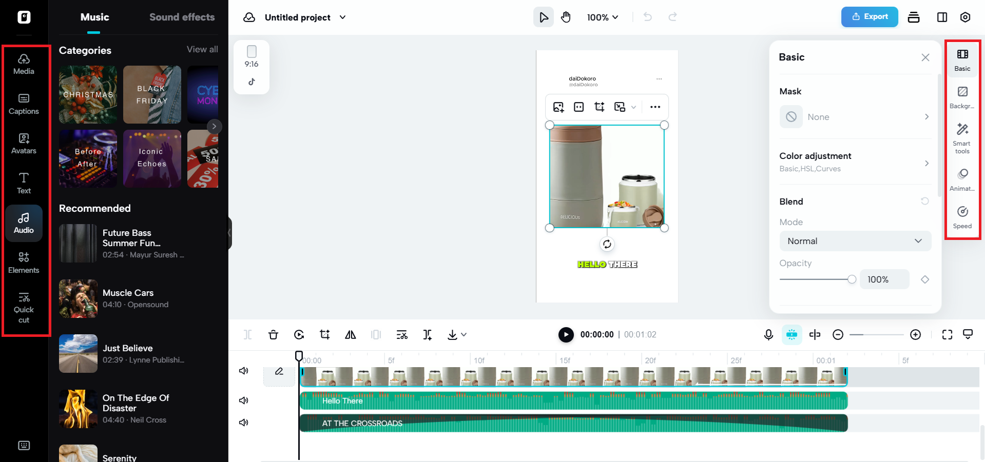 Editing options on either side of canvas