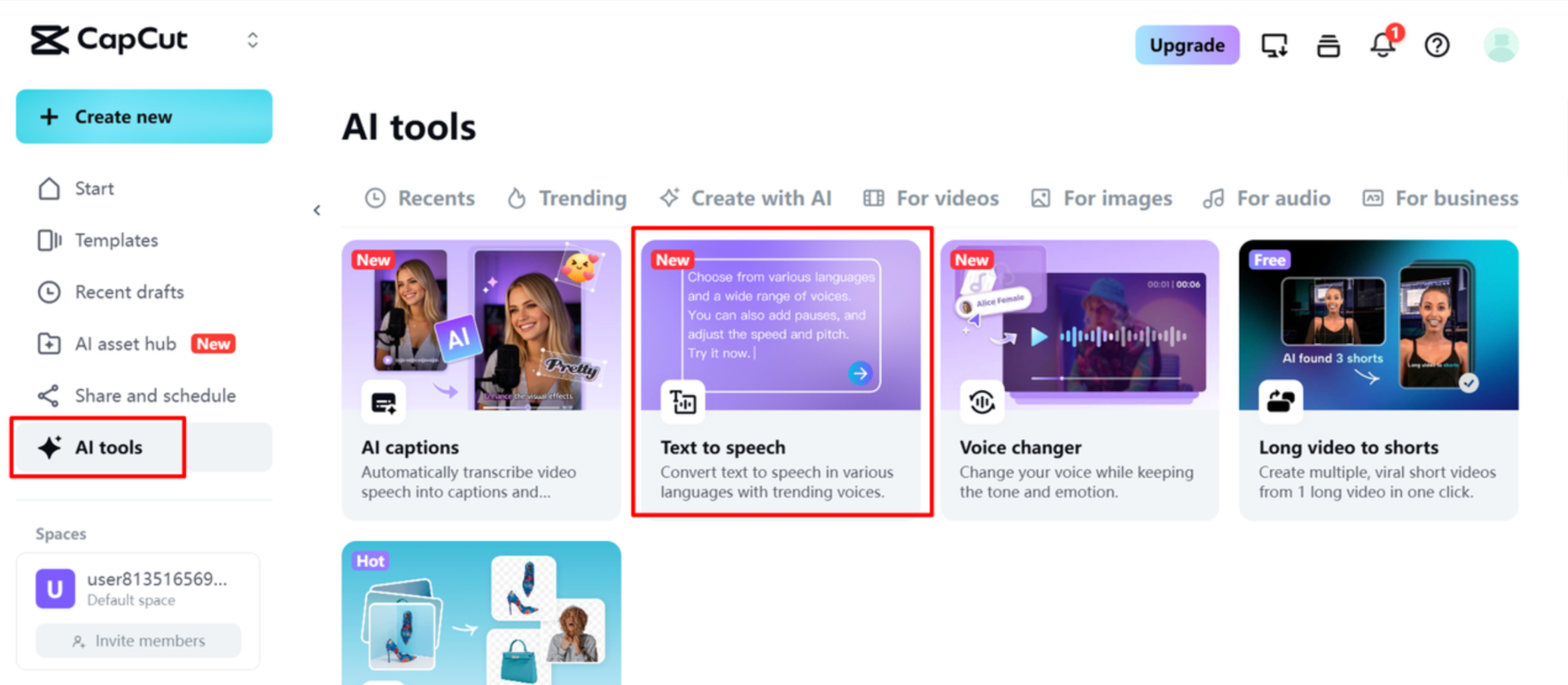Accessing the text-to-speech tool on CapCut Web