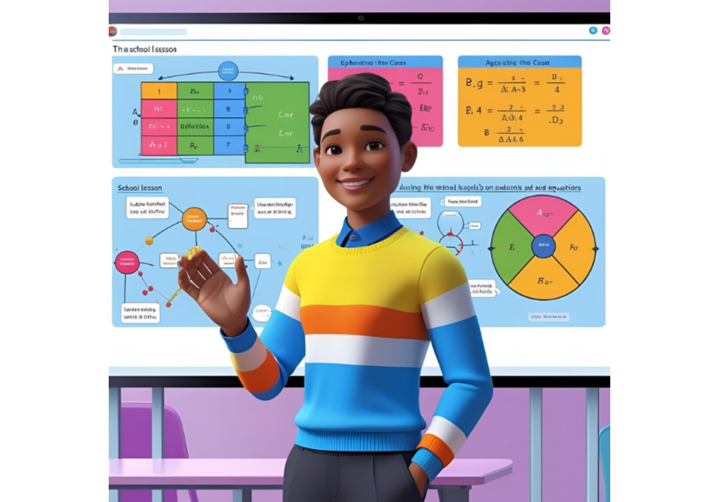 Virtueller KI-Moderator, der eine Schulstunde auf dem Bildschirm erklärt.