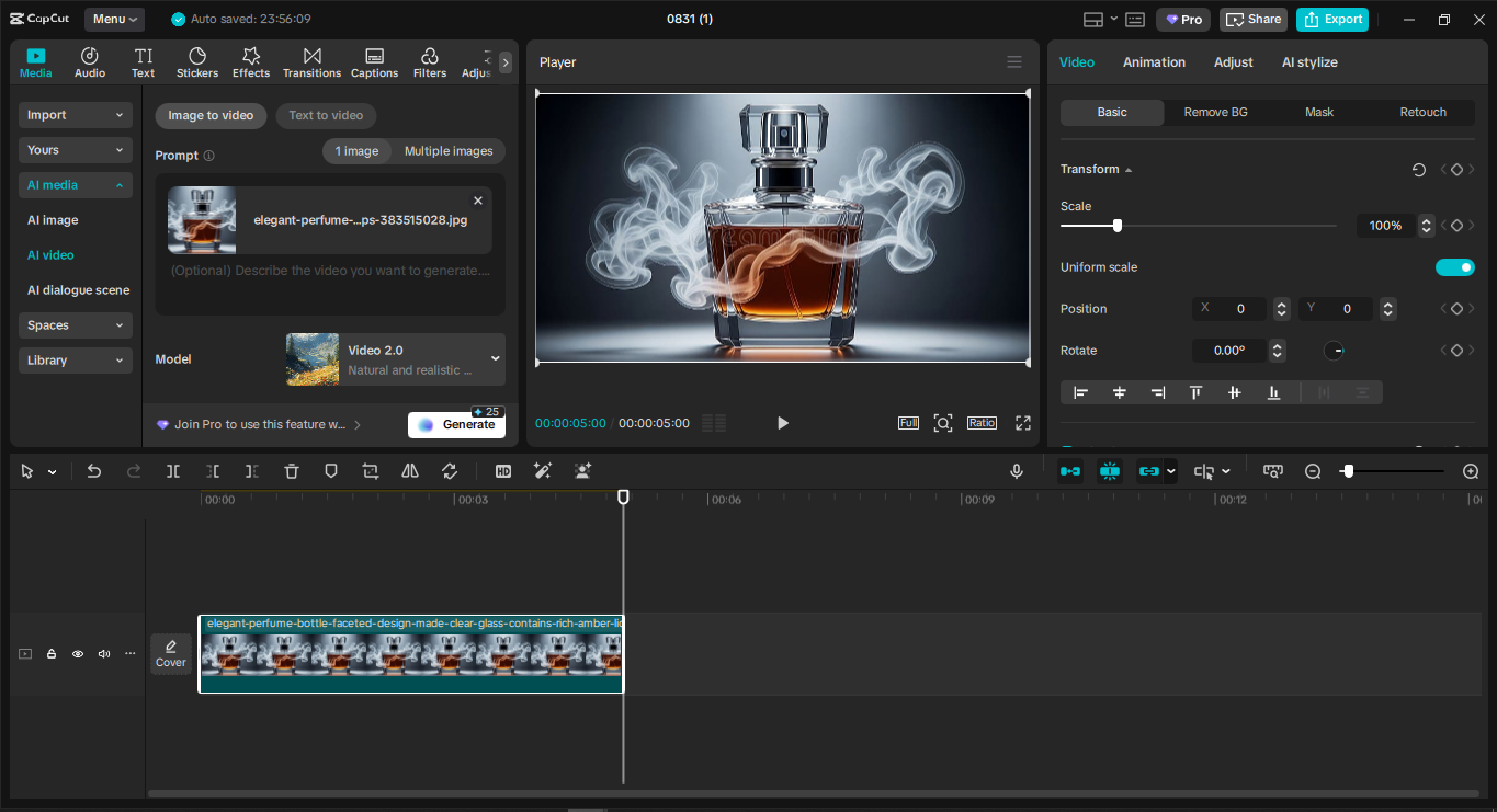 Інтерфейс настільного відеоредактора CapCut - найкращий інструмент для створення цікавих відео про продукти для вашого бізнесу в електронній комерції