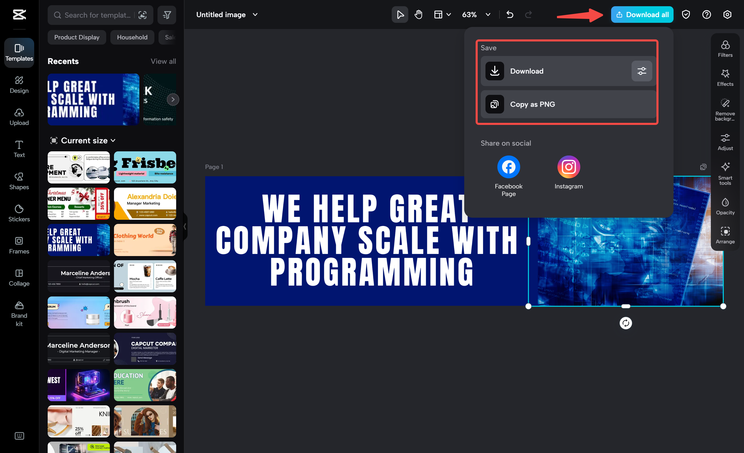 Downloading the banner from the CapCut desktop video editor