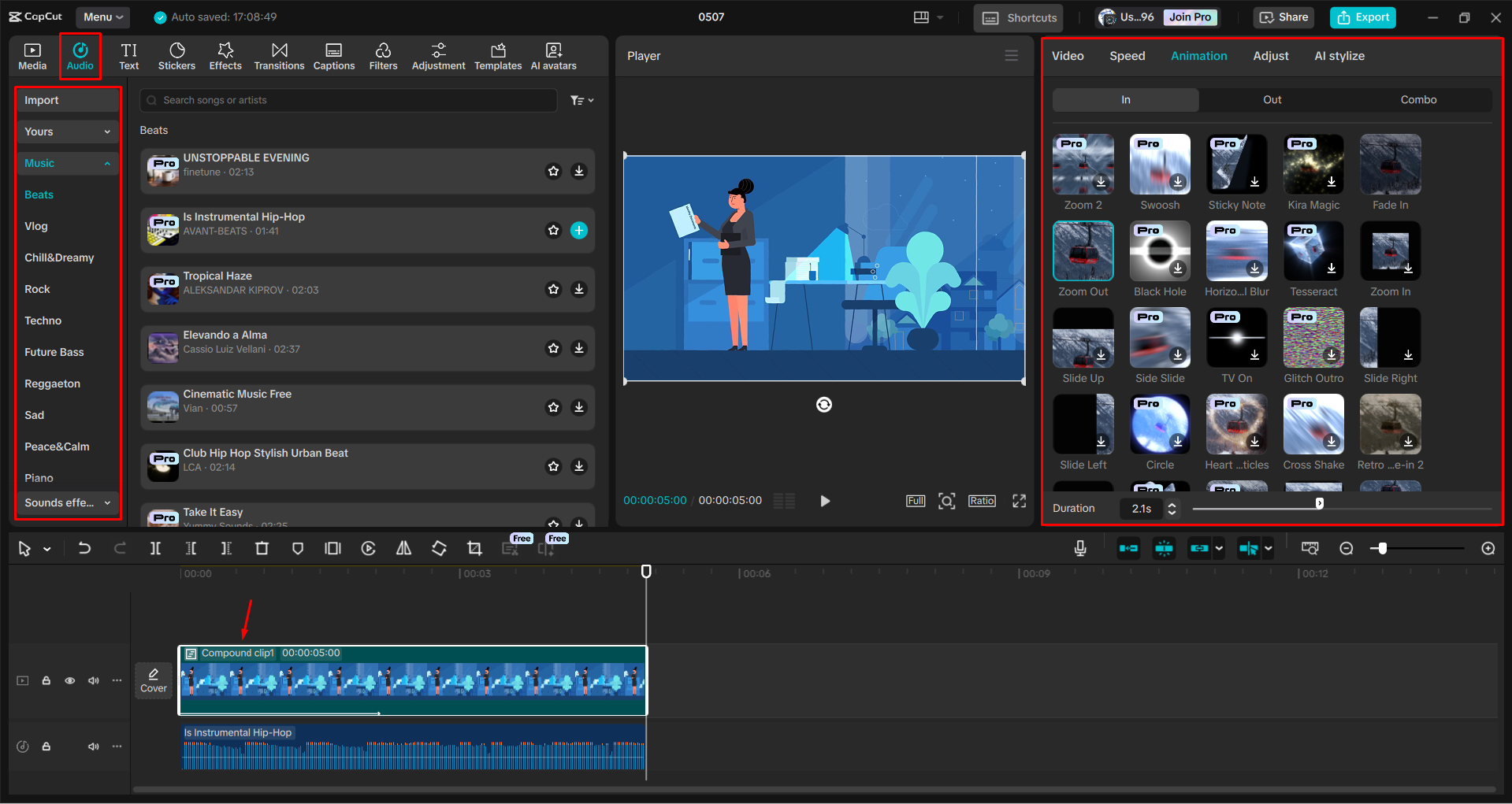 Applying and editing animations to a video in the CapCut desktop video editor