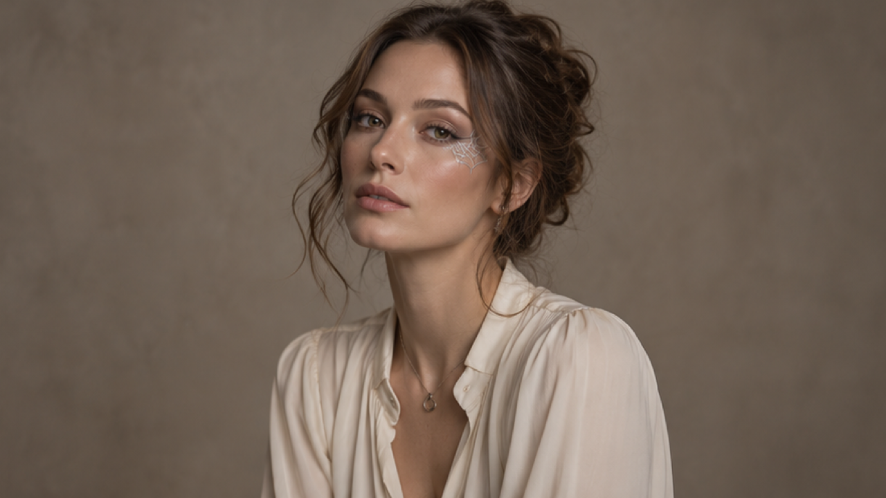 Refined adult portrait in cream blouse with one tiny silver outer-eye web, soft neutral studio lighting and natural skin.