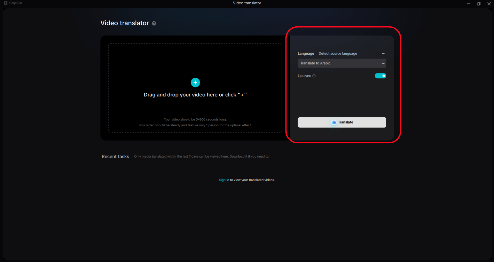 Select language and enable lip sync on CapCut video translator