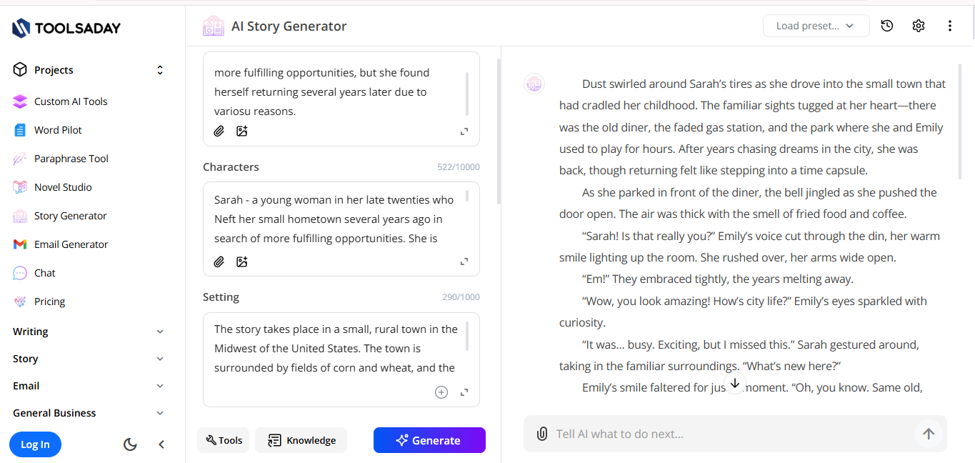 Interface of Toolsaday - the well-known story generator AI for free