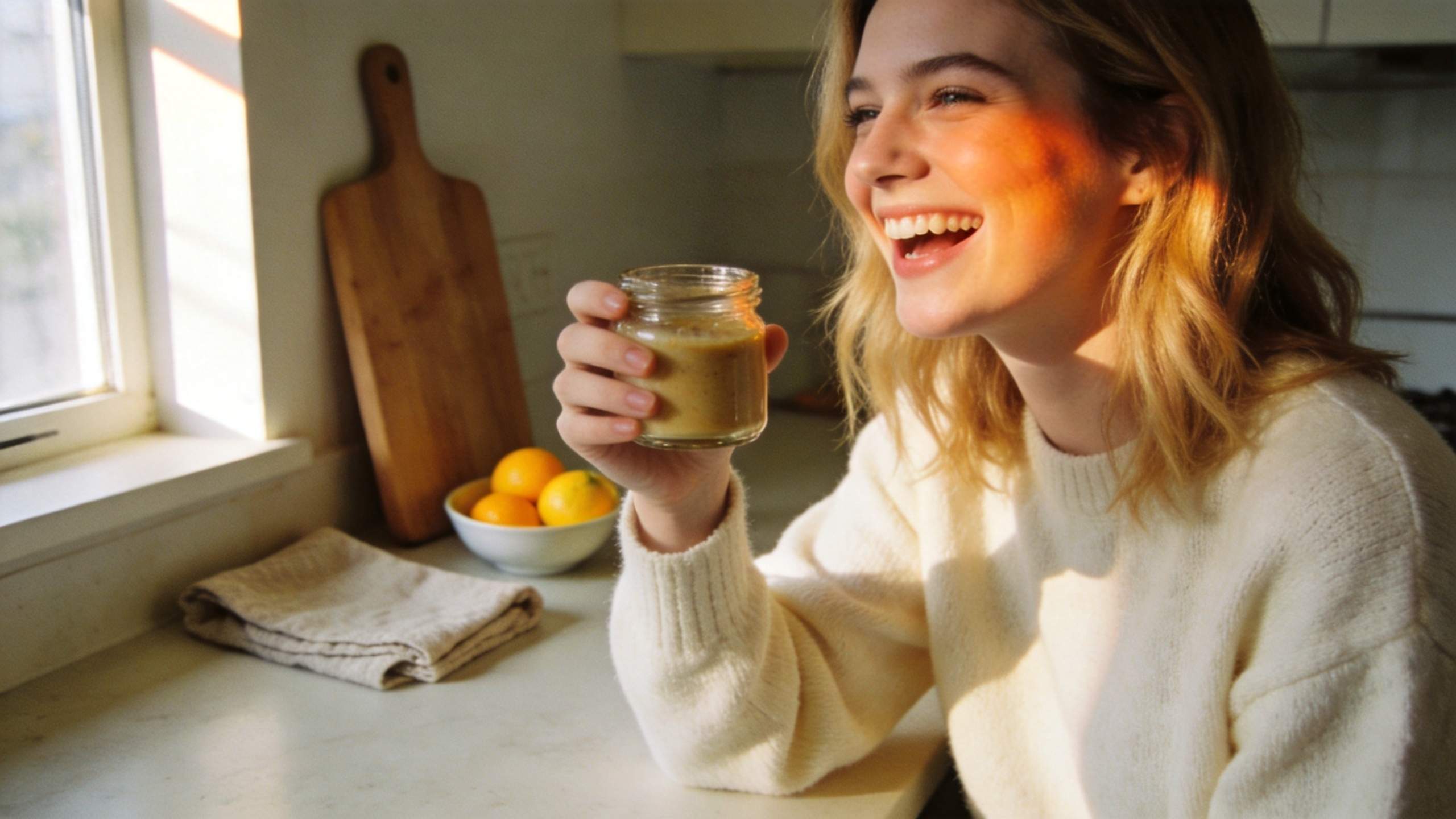 Smiling woman holding a small jar at a sunlit kitchen counter