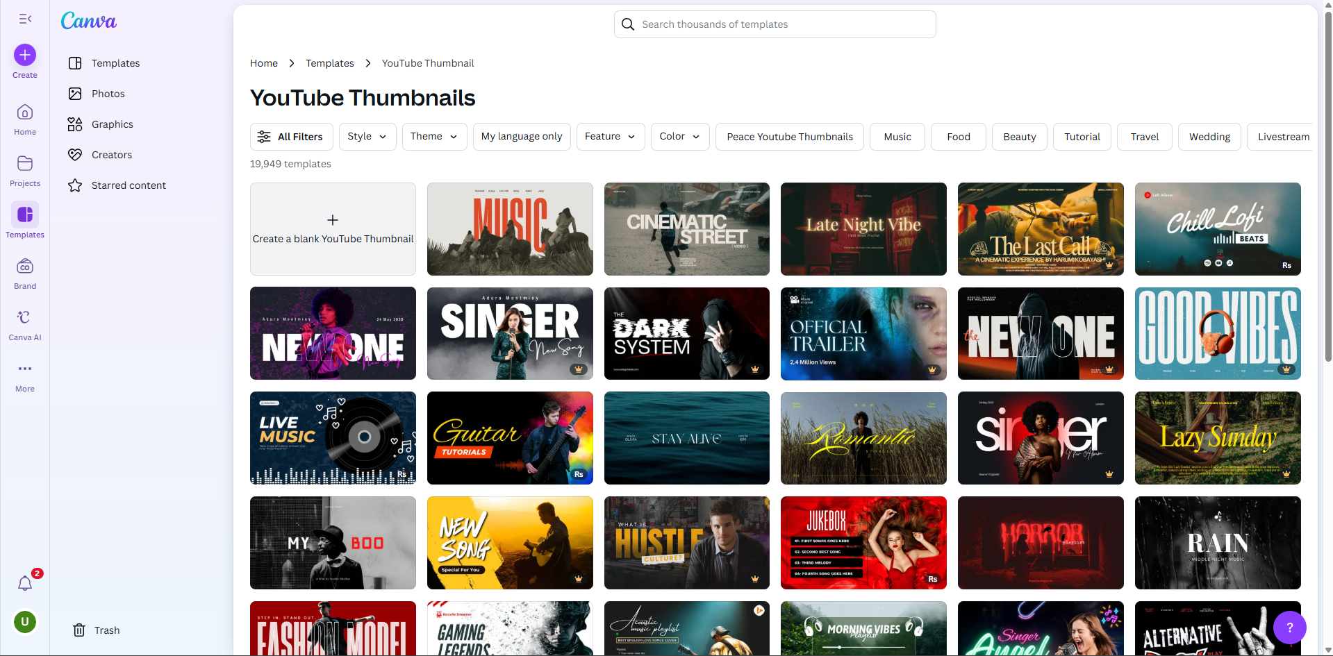 Interface of Canva - a tool with diverse thumbnail templates