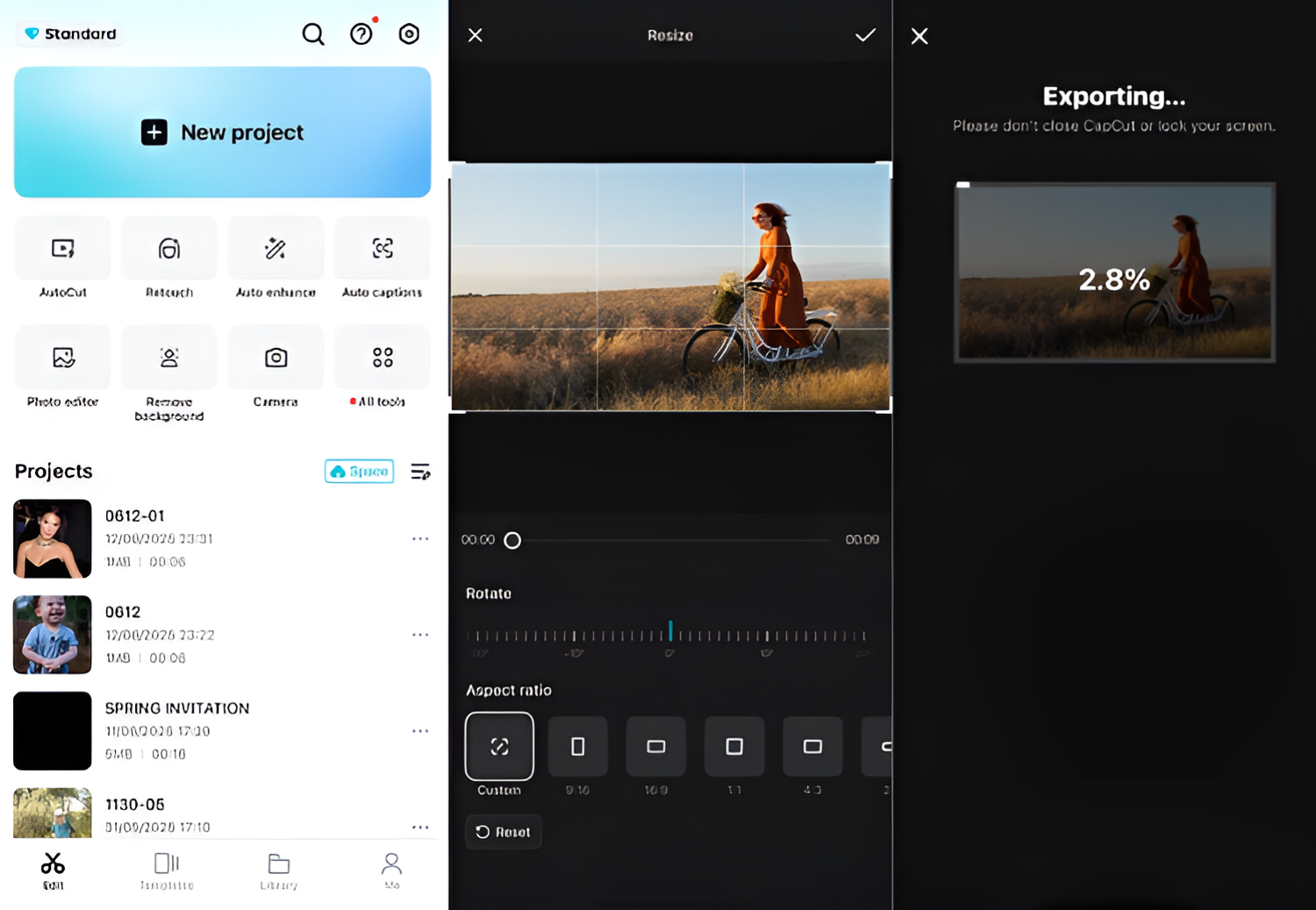 Interface of the CapCut mobile app - the best free video reszier for mobile users