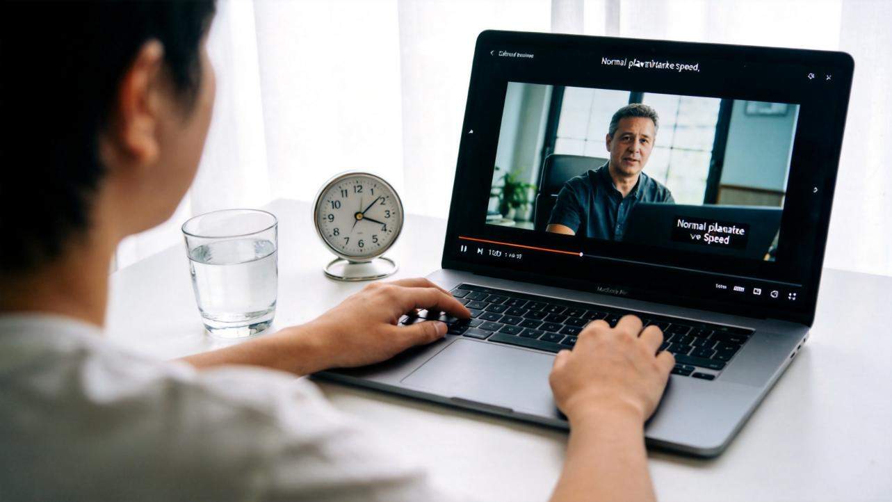 Person editing a video on a laptop with a playback screen and subtitles