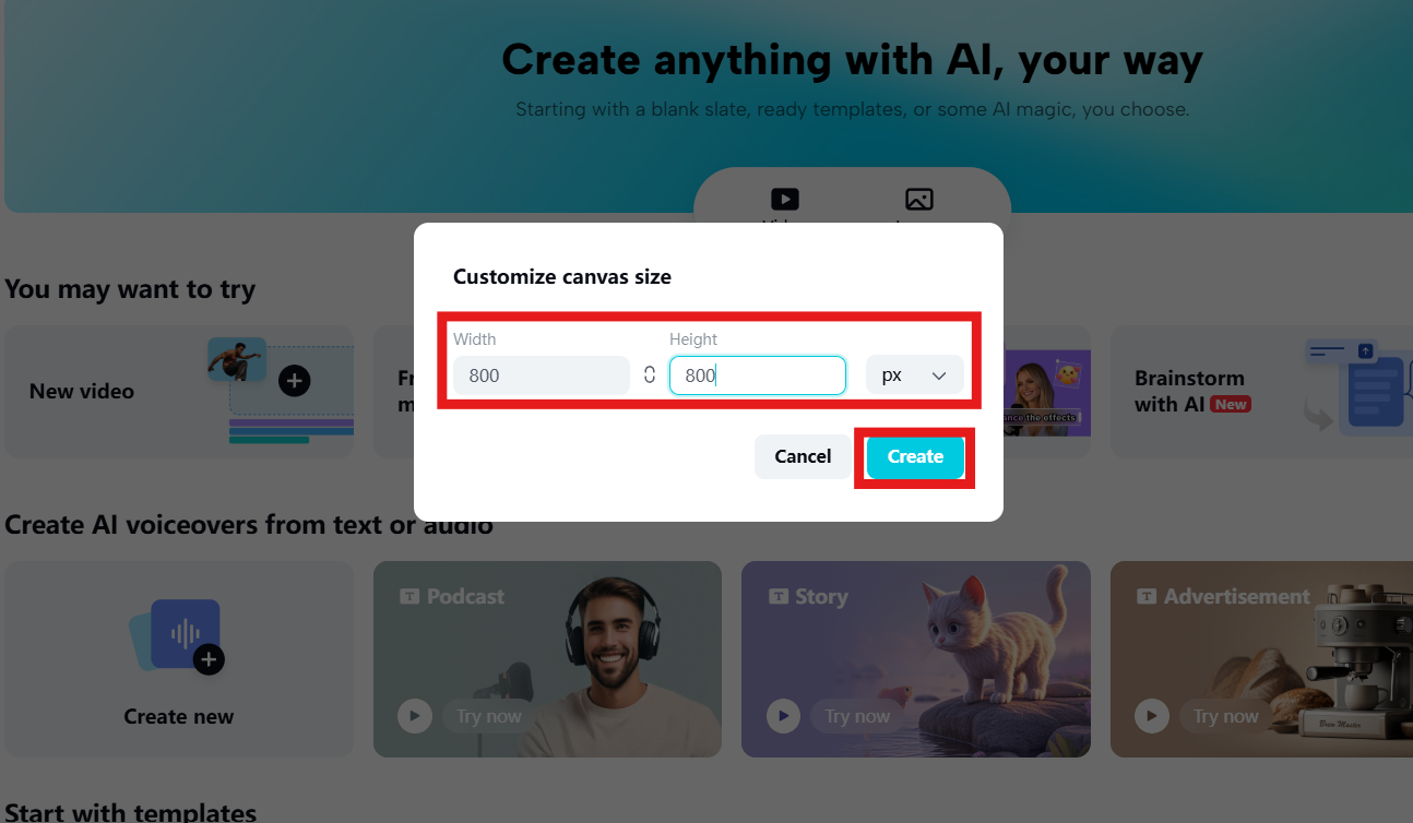 Choose custom size and input dimensions