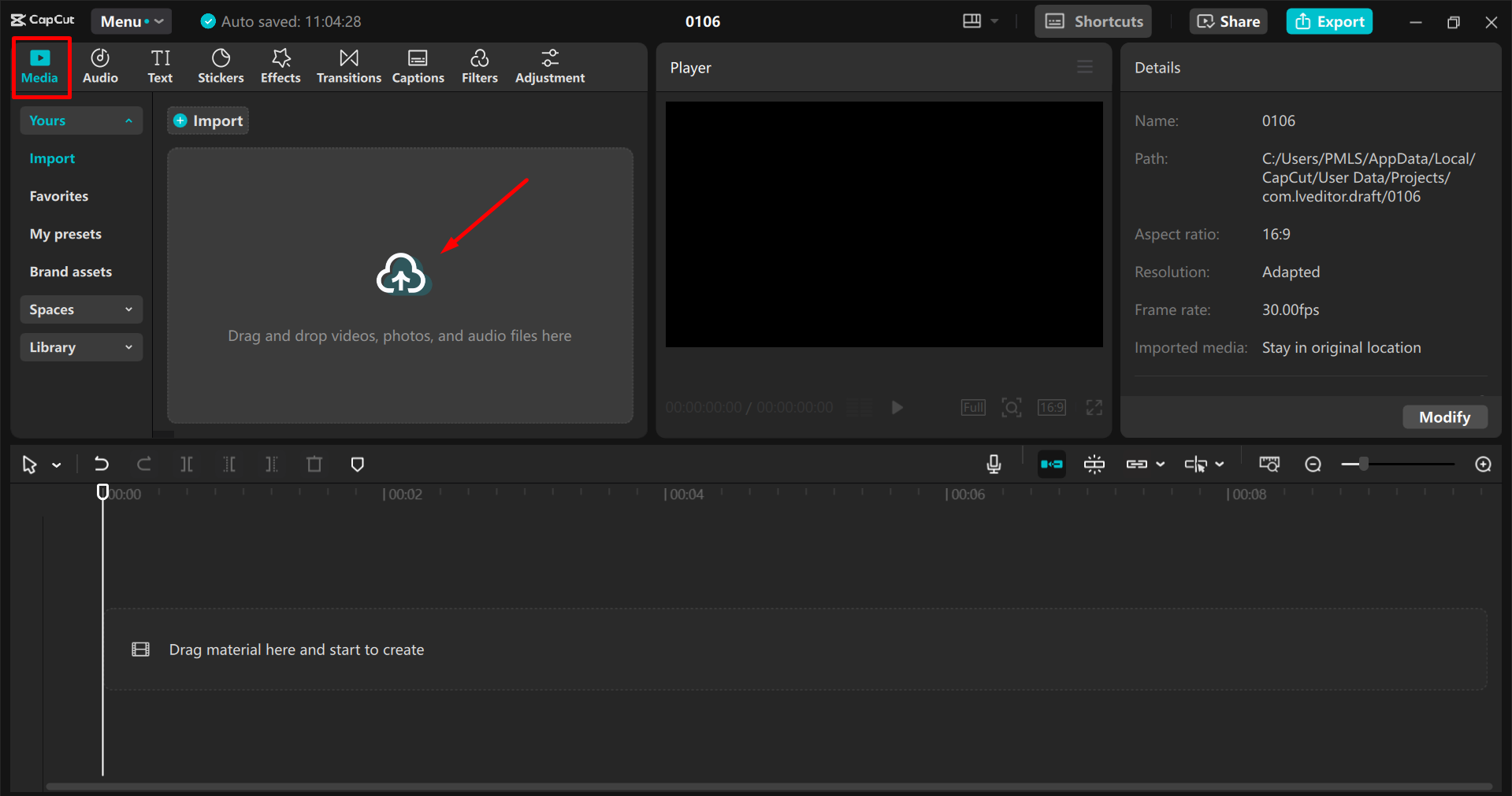 Importing the video in the CapCut desktop video editor