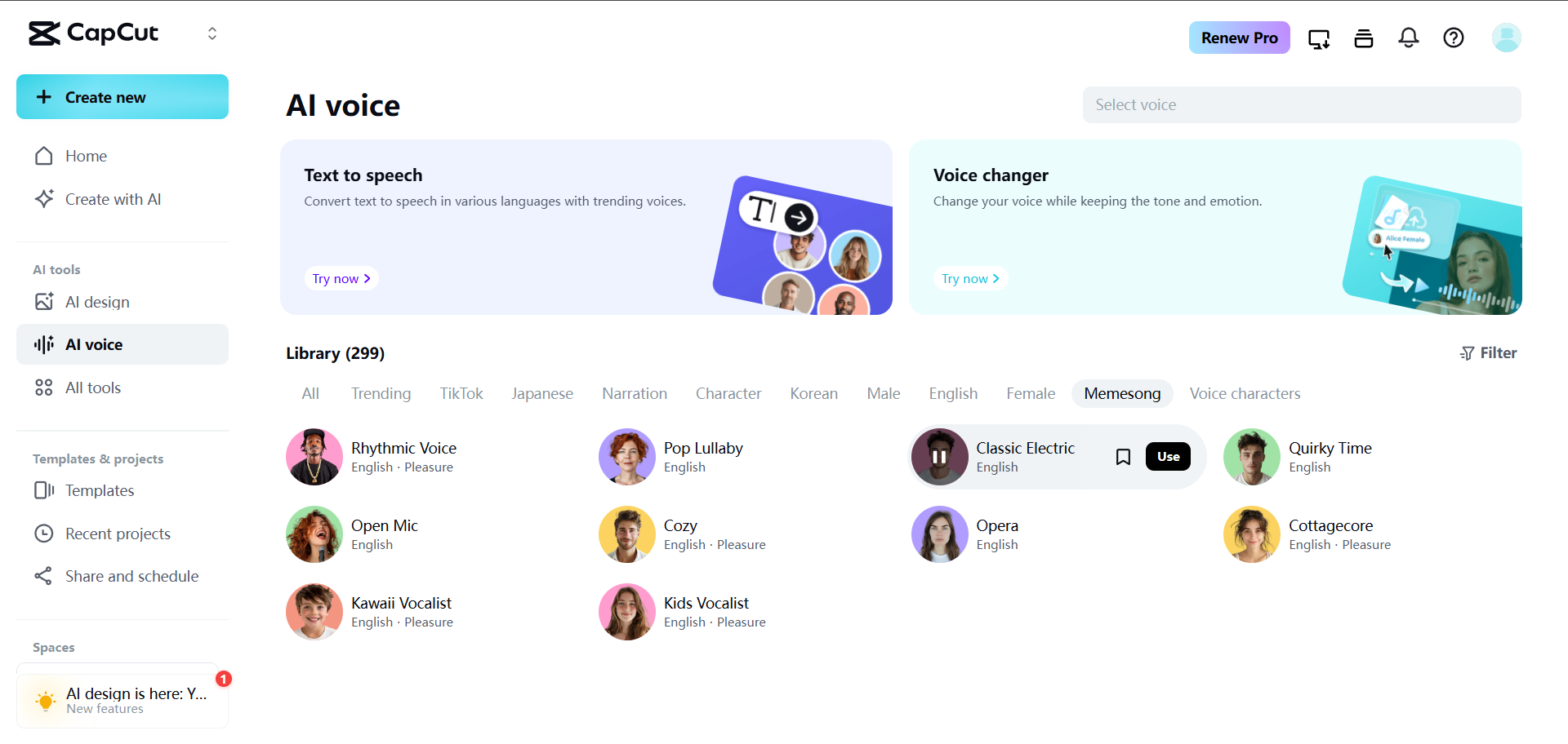 CapCut - nejlepší bezplatný AI generátor zpívajícího hlasu