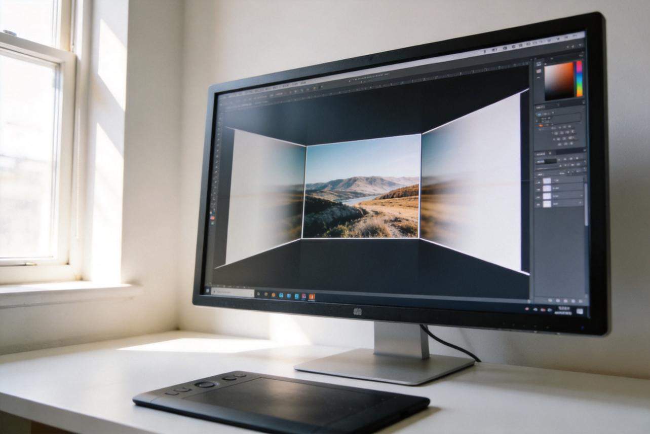Monitor displaying a landscape photo being extended across a wider canvas in an editing app