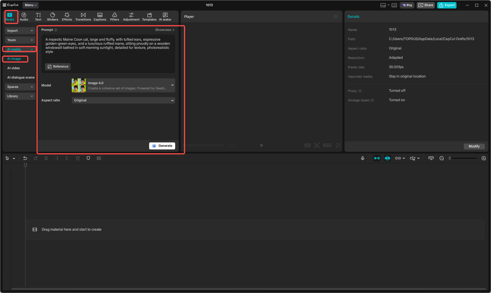 Accessing the AI image feature in CapCut