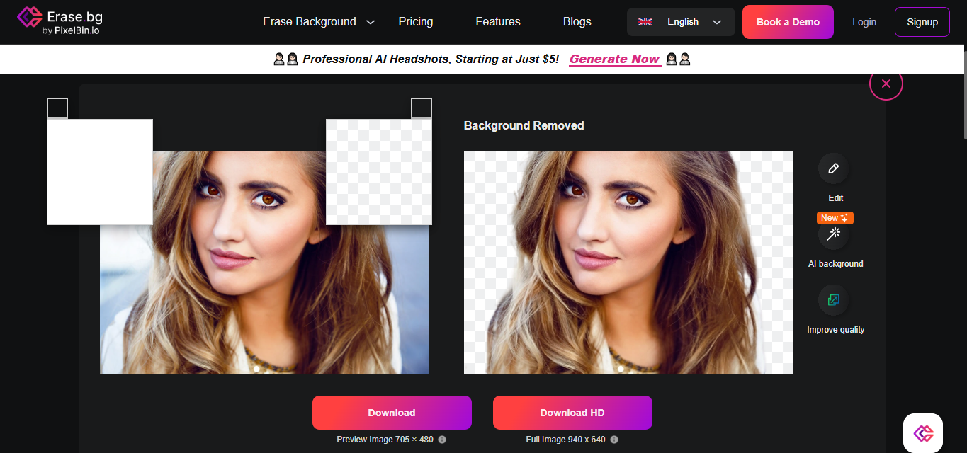 Interface of Erase.bg  - the popular AI photo background editor online free