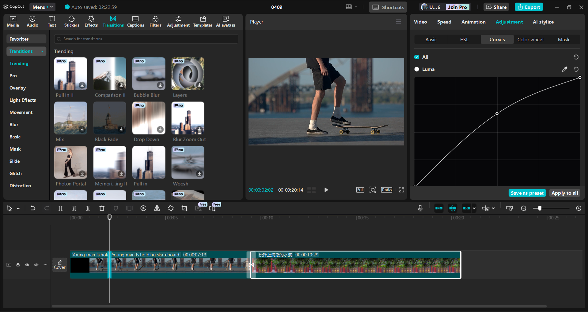 Interface of the CapCut desktop video editor - an alternative way to add zoom transitions to videos