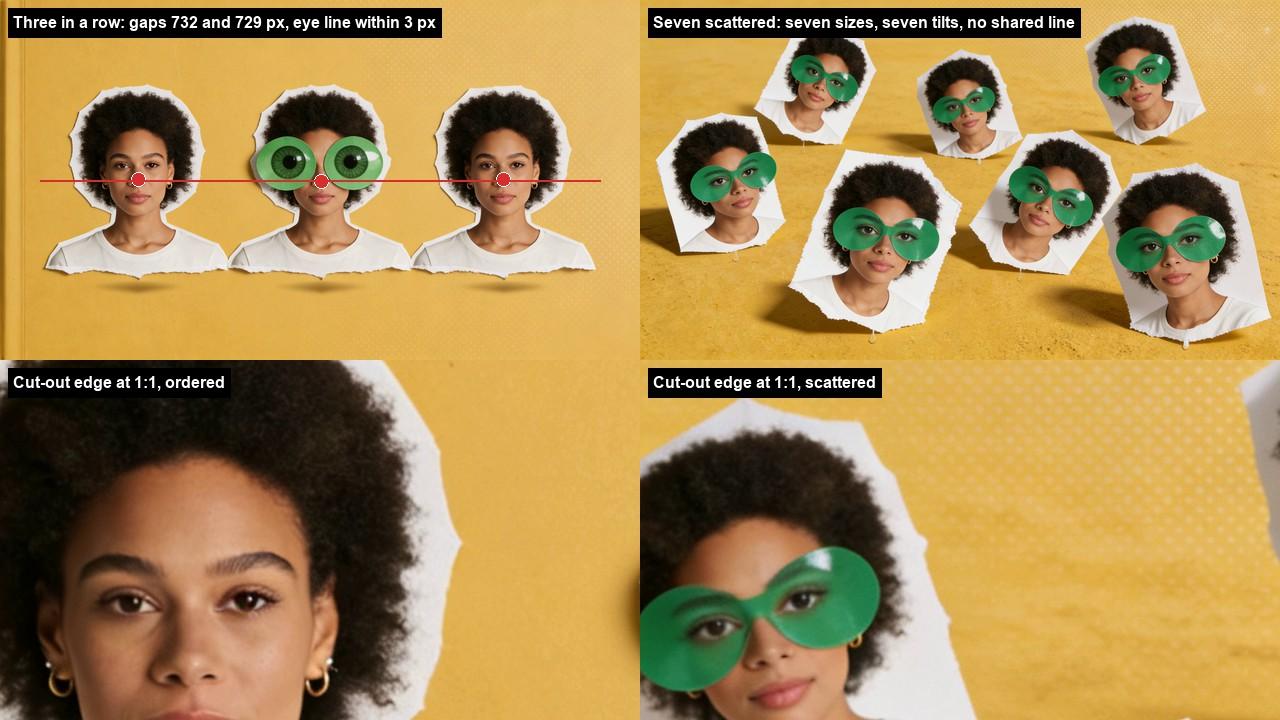 Top left: the three-in-a-row collage with red dots on the three face centers and a horizontal line through them. Top right: the seven scattered copies at different sizes and tilts, each wearing green paper eye masks. Bottom: a torn paper cut-out edge at full pixel size from each version.