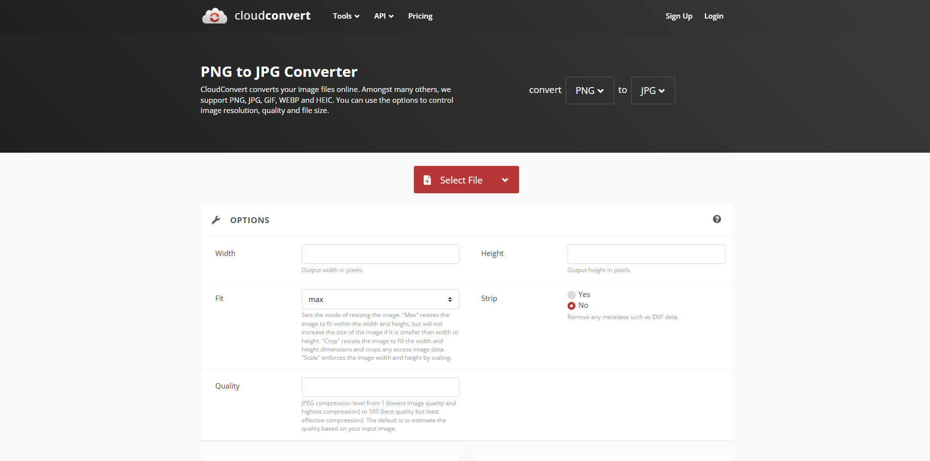 Interface of CloudConvert - a good PNG to JPG converter