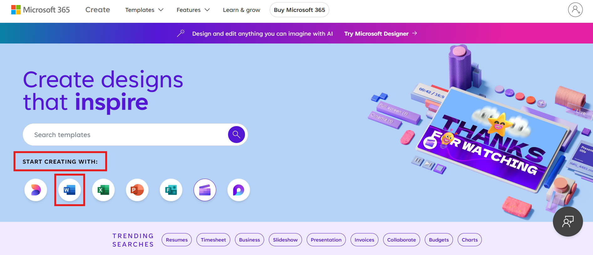 Go to Start creating with Word section