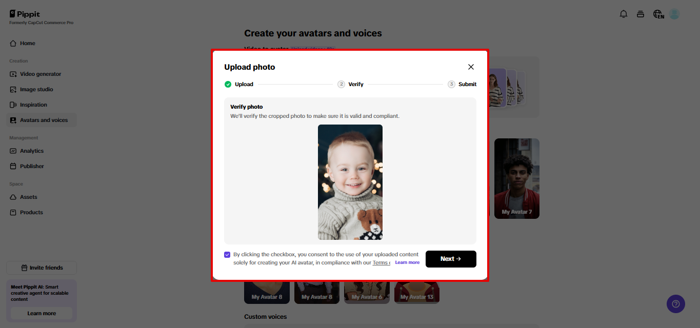 Uploading baby photo to Pippit