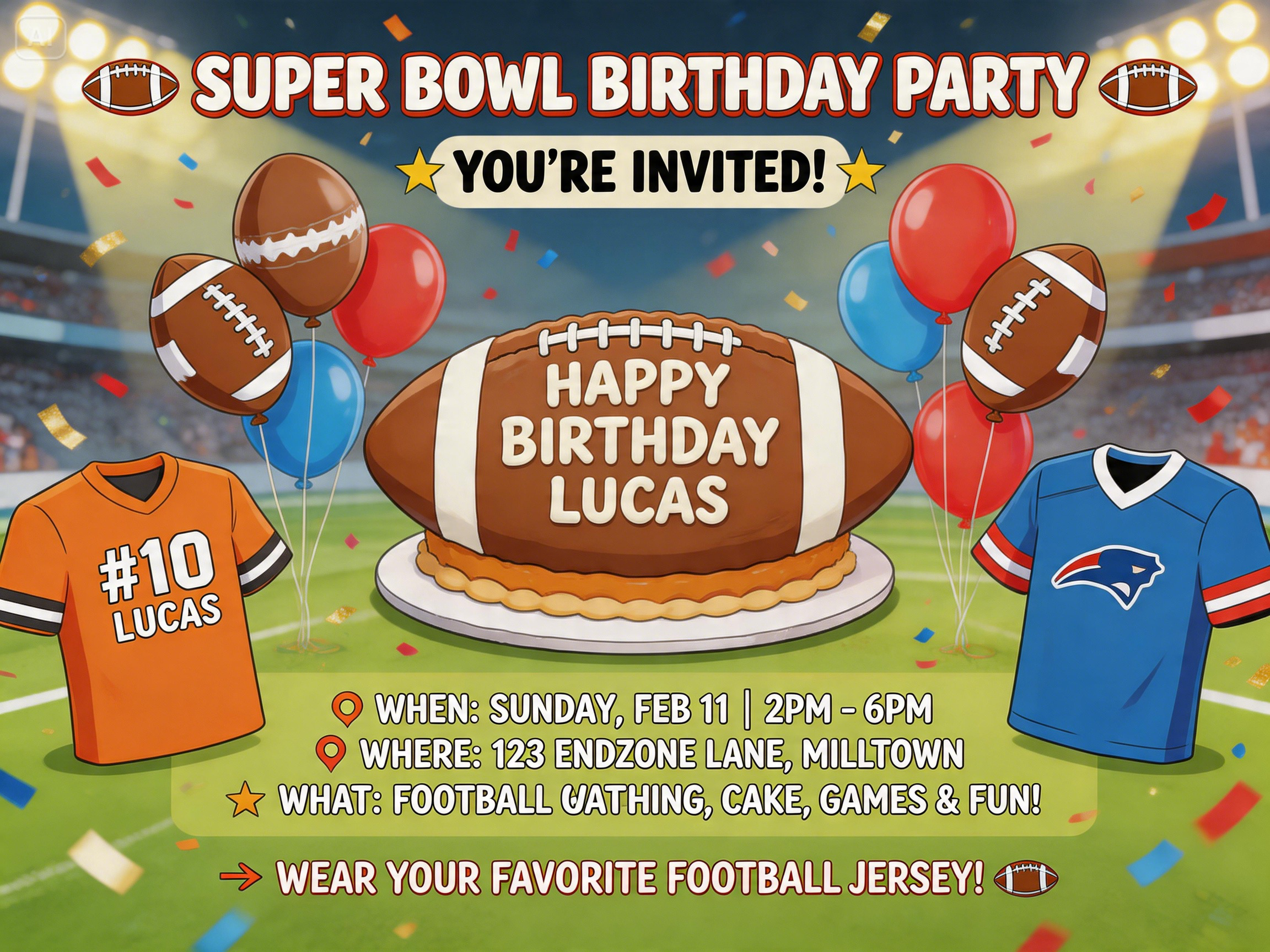 Pedido para uma celebração de aniversário do Super Bowl