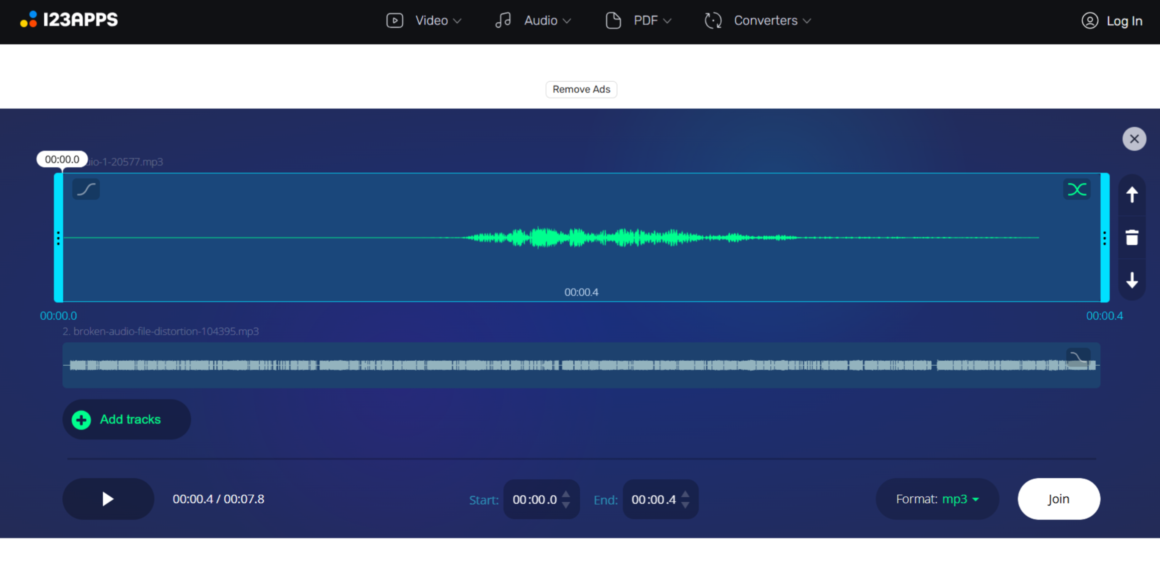 Interfaccia di Audio Joiner - un intuitivo strumento online per unire file MP3