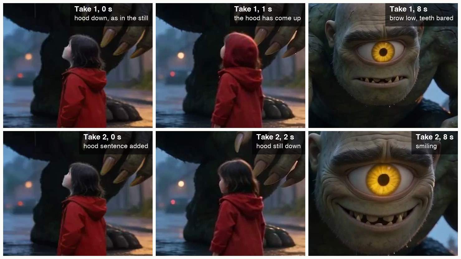 Top row, take one: the girl with her hood down at 0 seconds, the hood up over her hair at 1 second, and the giant's face with a low brow and bared teeth at 8 seconds. Bottom row, take two with the hood sentence: the hood down at 0 and 2 seconds, and the giant smiling at 8 seconds.