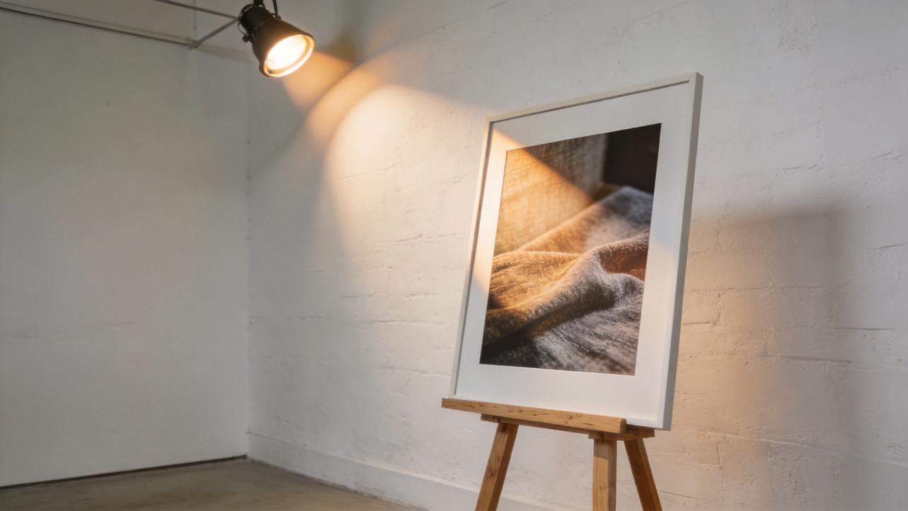 Framed abstract artwork on an easel under a spotlight in a white gallery corner