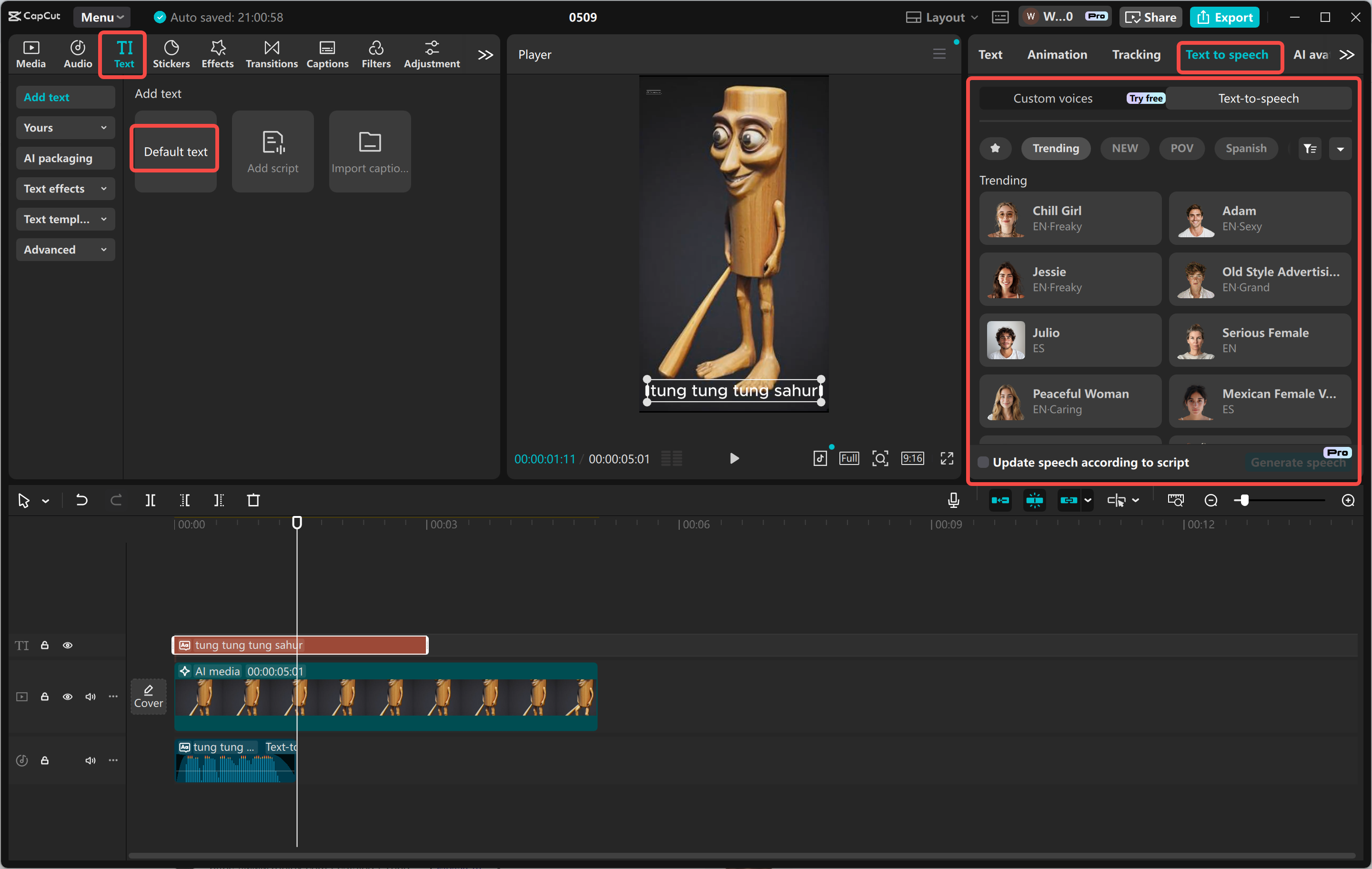 Mengedit video tung tung tung sahur dengan editor video desktop CapCut