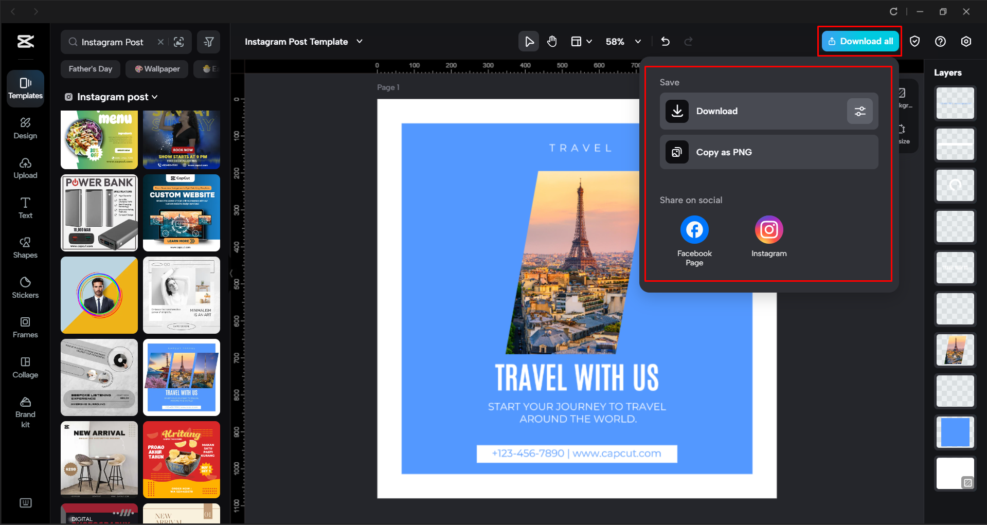 Exporting an Instagram post from the CapCut desktop video editor