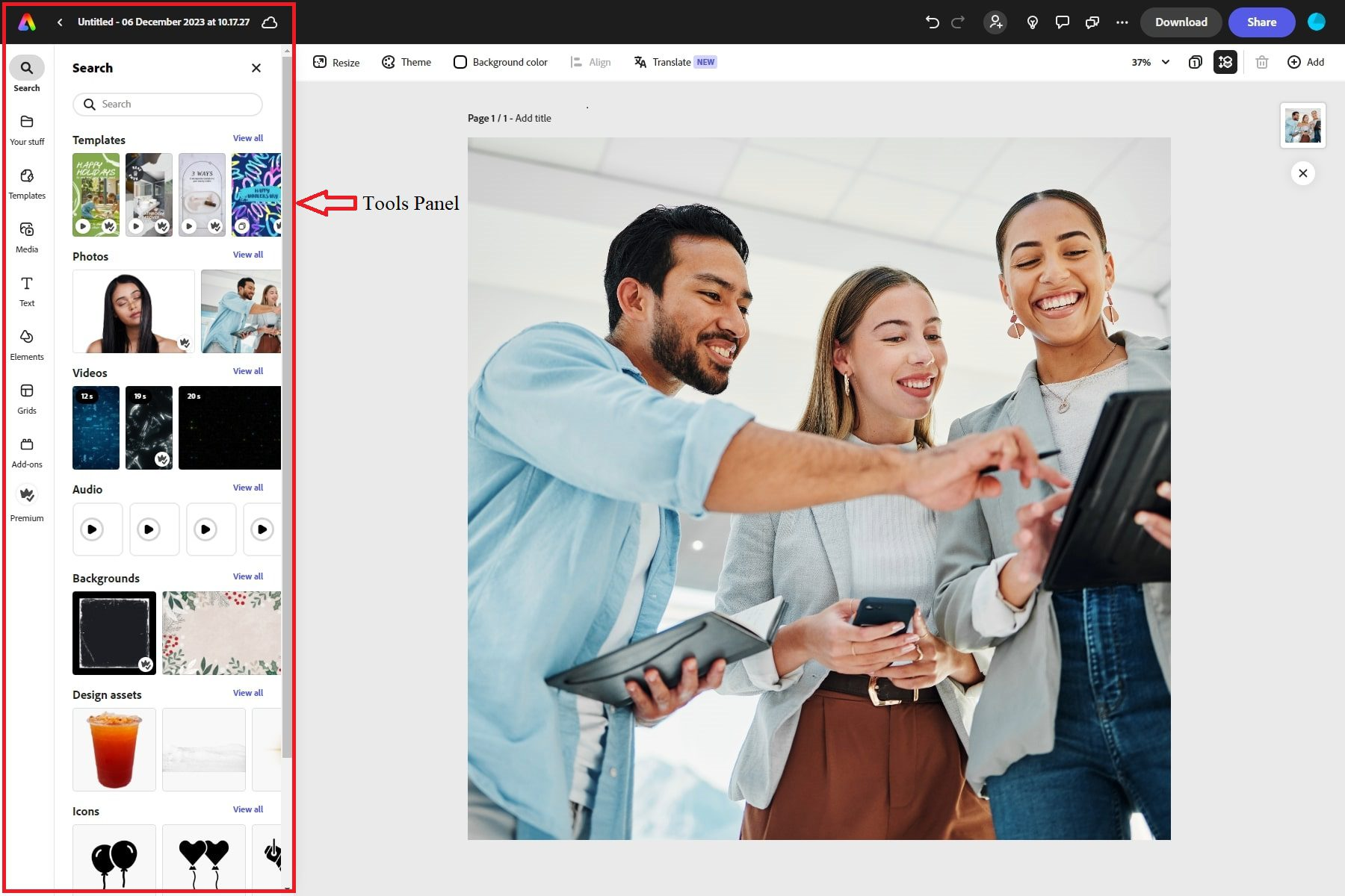 Interfaz de Adobe Express: un creador de videos faciales en línea gratuito