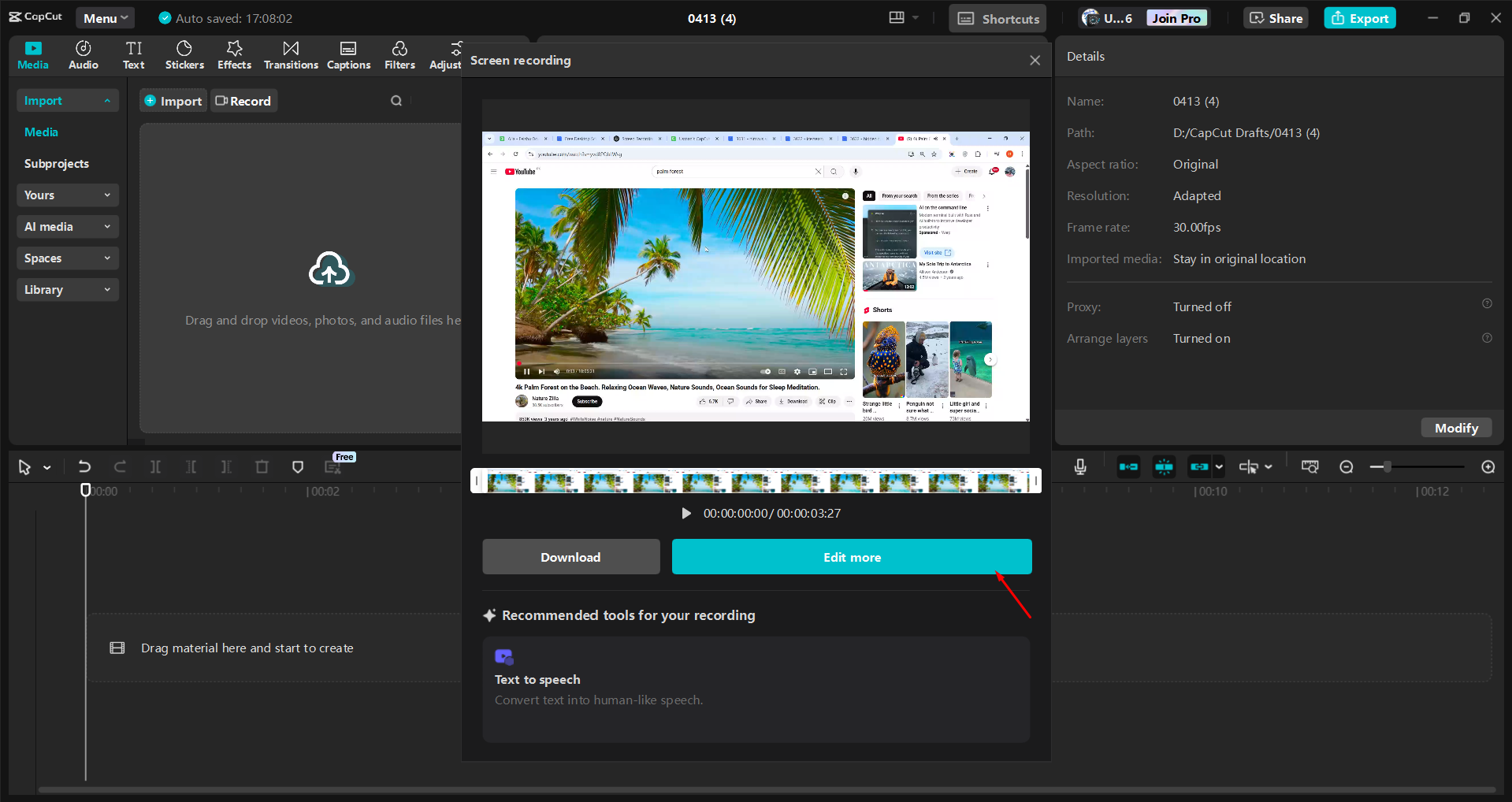 Merakam skrin dengan editor video desktop CapCut