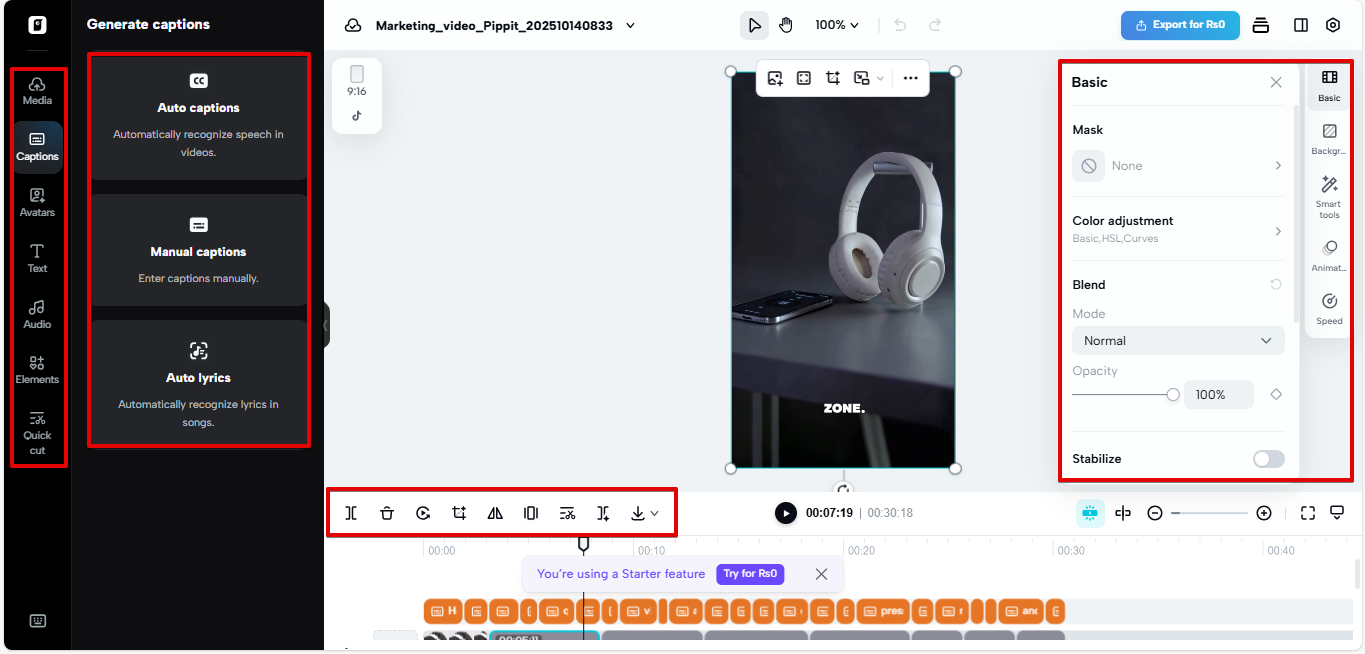 Editor de vídeo Pippit