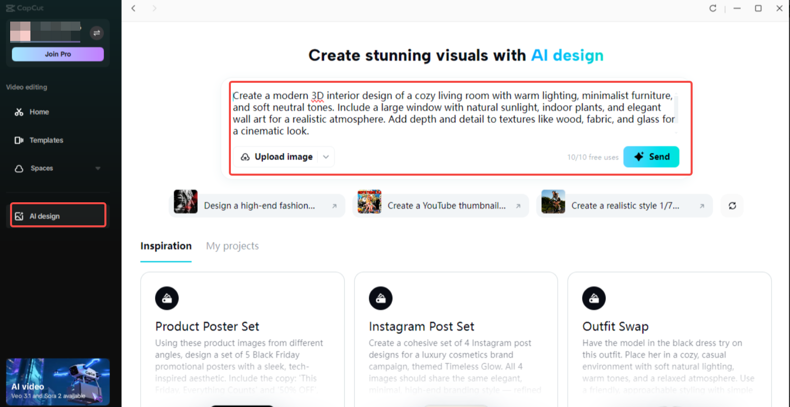 Accessing the AI design feature in CapCut