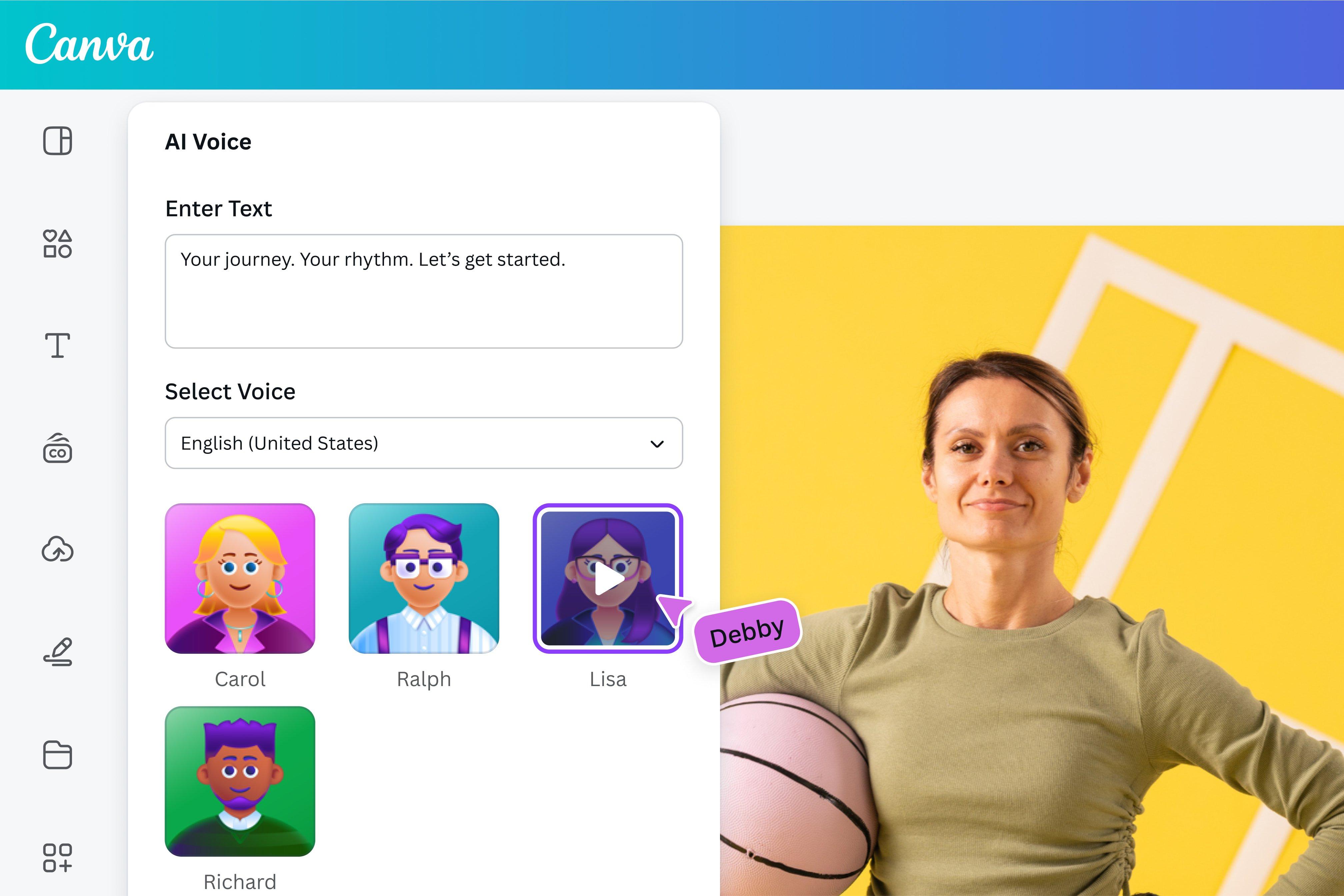 Canva's video editor interface with the text-to-speech feature highlighted